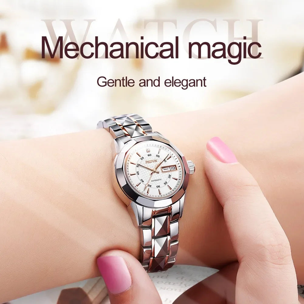 JSDUN 8014 Waterproof Business Watch For Women Japan Automatic Mechanical Stainless Steel Strap Women Wristwatches Calendar