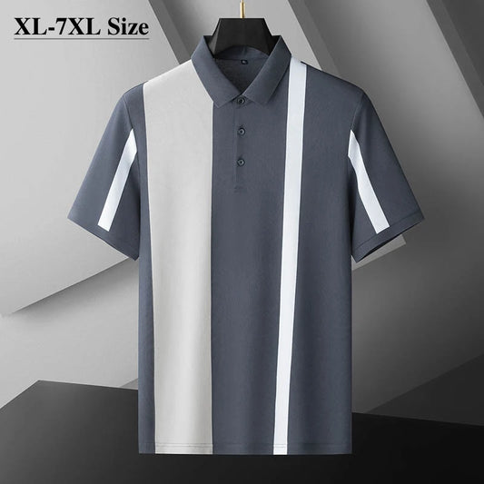 Plus Size 6XL 7XL 8XL Men's Cotton Casual Polo Shirt Summer Thin Loose Striped Print Elastic Short Sleeved Tops Male Clothes