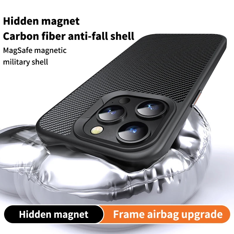 Carbon Fiber Magnetic Explosion-proof Phone Case For iPhone 12 13 14 15 Pro Max Plus Glass Lens Film Magsafe Wireless Charging