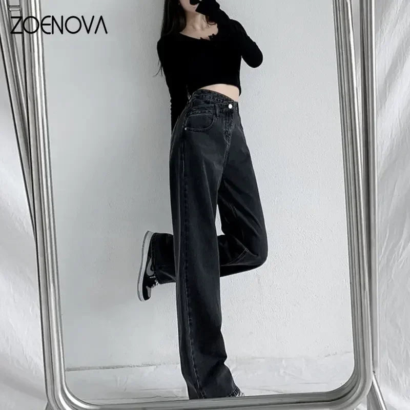 ZOENOVA Baggy Straight Jeans Y2K Office Lady Women's Loose Pants Fashion Light Blue Cross High Waisted New Design Retro Trousers