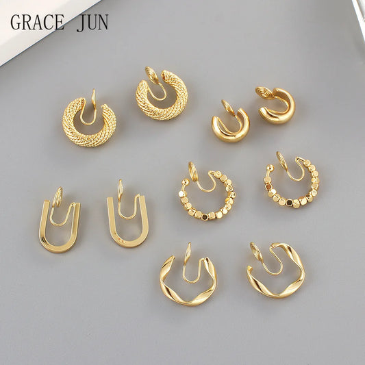 GRACE JUN Top quality 18K Gold Color Mosquito Coil Clip on Hoop Earrings Hot Sale C Shape Copper C Shape Cuff Earrings Ear Clip