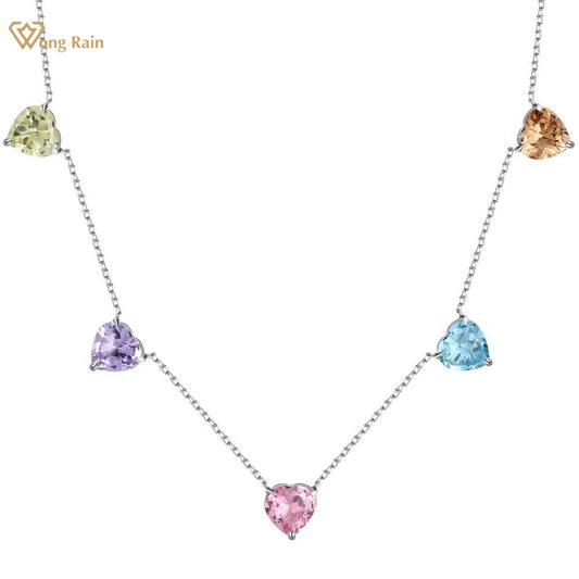 Wong Rain 100% 925 Sterling Silver Heart 9*9MM Lab Sapphire Gemstone Colorful Women Necklace Pendant Fine Jewelry Free Shipping