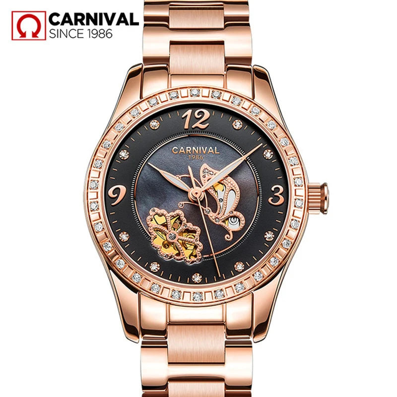 CARNIVAL Butterfly Pattern Automatic Mechanical Women Watch Luxury Waterproof  Diamond Rose Gold Watch Relogio Feminino Ladies