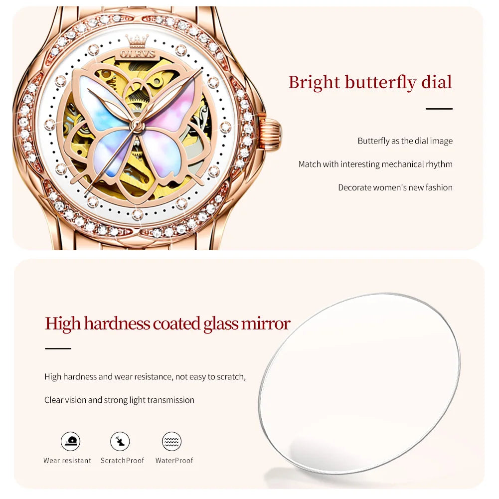 OLEVS Automatic Mechanical Watch for Women Colorful Fritillary Butterflies Luxury Elegant Ceramics Watchband Ladies Wristwatches