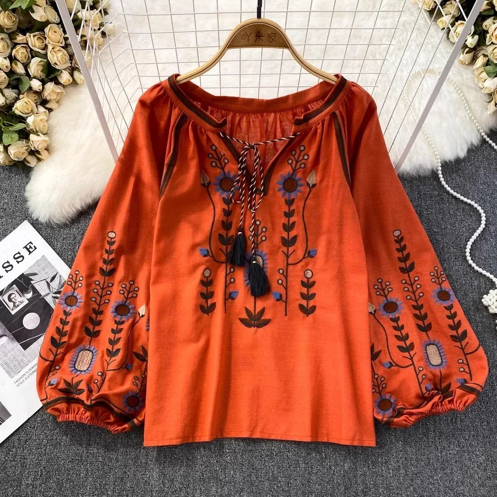 Autumn Casual Women Blouse Fashion V-neck Long Lantern Sleeve Embroidery Shirts Vintage Minority Ladies Tops Dropshipping