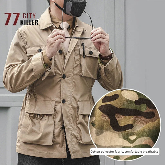 Men's Outdoor Military Tactical Windbreaker Multiple Pockets Single Breasted Lapel Jacket Men's Sports Wear-resistant Coat Ropa