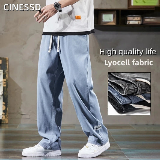 Summer Lyocell Fabric Men's Jeans Soft Thin Loose wide-leg Straight Pants  Elastic Waist Casual Trousers Sweat Pants Size M-6xl