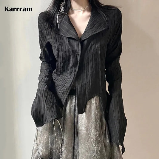 Karrram Gothic Black Shirt Yamamoto Style Dark Aesthetic Blouse Women Irregular Designer Clothes Emo Alt Clothes Grunge Tops Y2k