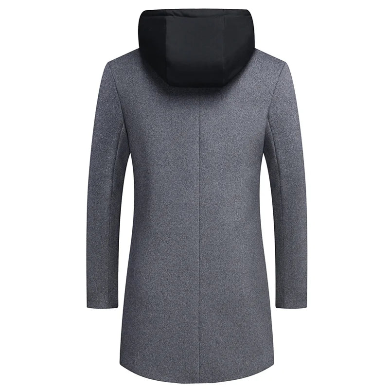 2023 Autumn/Winter New Men's Korean Casual Woolen Coat Mid length Detachable Hat Trendy Coat Men's Wear M-5XL