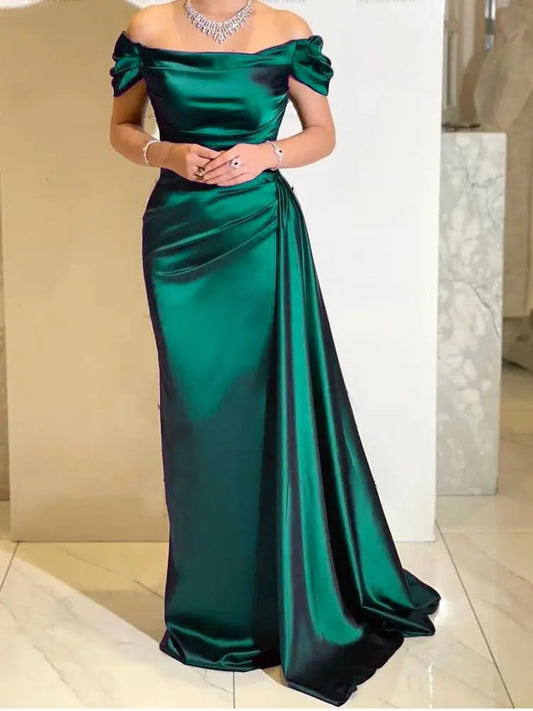 Off Shoulder Ruched  Stretch Satin Bridesmaids Dress Front Split Floor Length Bodycon Evening Night Formal Gown
