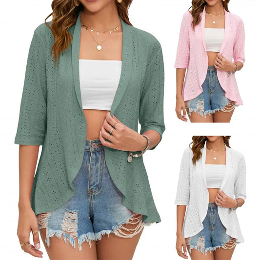 2023 Spring Summer Women Hollow Out Cardigan Female Beach Boho Tops Three Quarter Sleeve Solid Color Sunscreen Shirt Clothing
