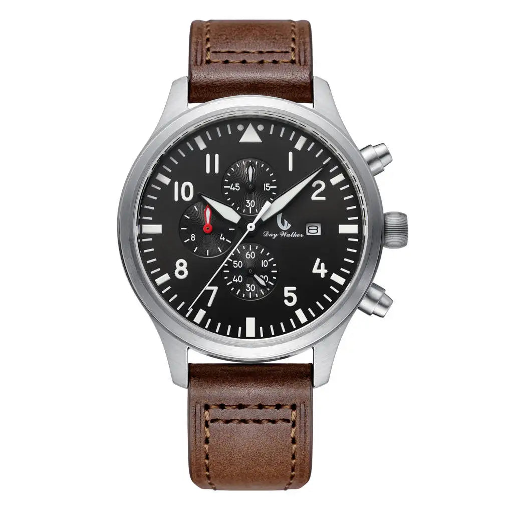 42mm Mens Pilot Chronograph Watch with Stainless Steel Case and Sapphire Crystal and Sun Pattern Super Luminous Dial