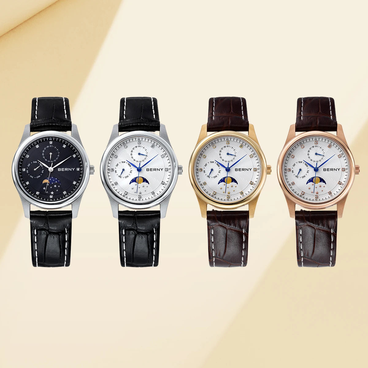 BERNY Moon Phase Watch for Women Calendar Date Week Quartz Women's Watches Leather Strap Elegant Casual Ladies Girl Wristwatch