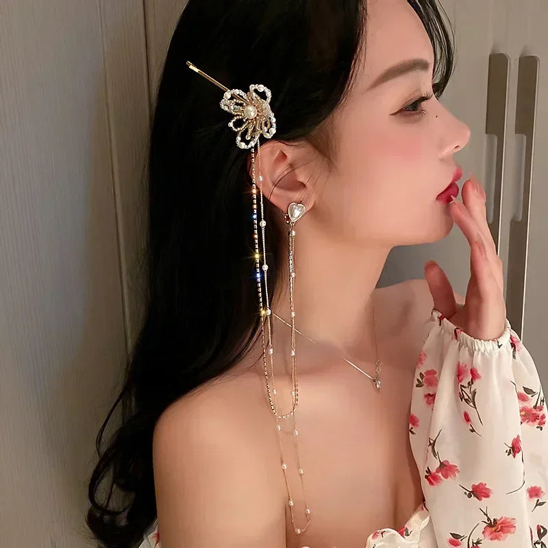One-Piece Cartilage Clip Ear Love Heart Flower Shape Hairpin Long Dangle Earrings Jewerly Accessories for Women Creative Gifts