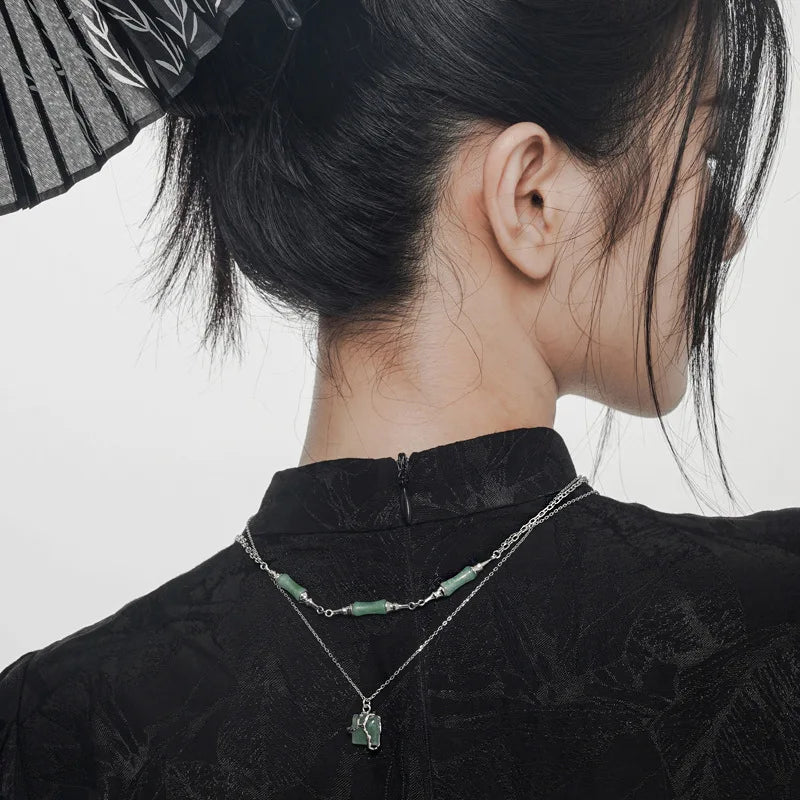 F.I.N.S New Chinese Style S925 Sterling Silver Bamboo Stone Green Aventurine Jade Double Chains Clavicle Necklace Fine Jewelry