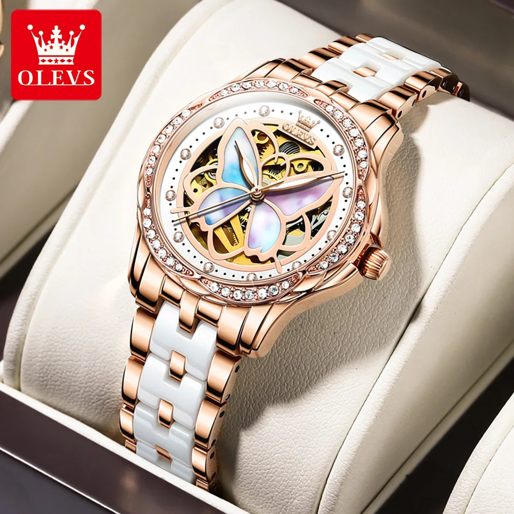 OLEVS Automatic Mechanical Watch for Women Colorful Fritillary Butterflies Luxury Elegant Ceramics Watchband Ladies Wristwatches