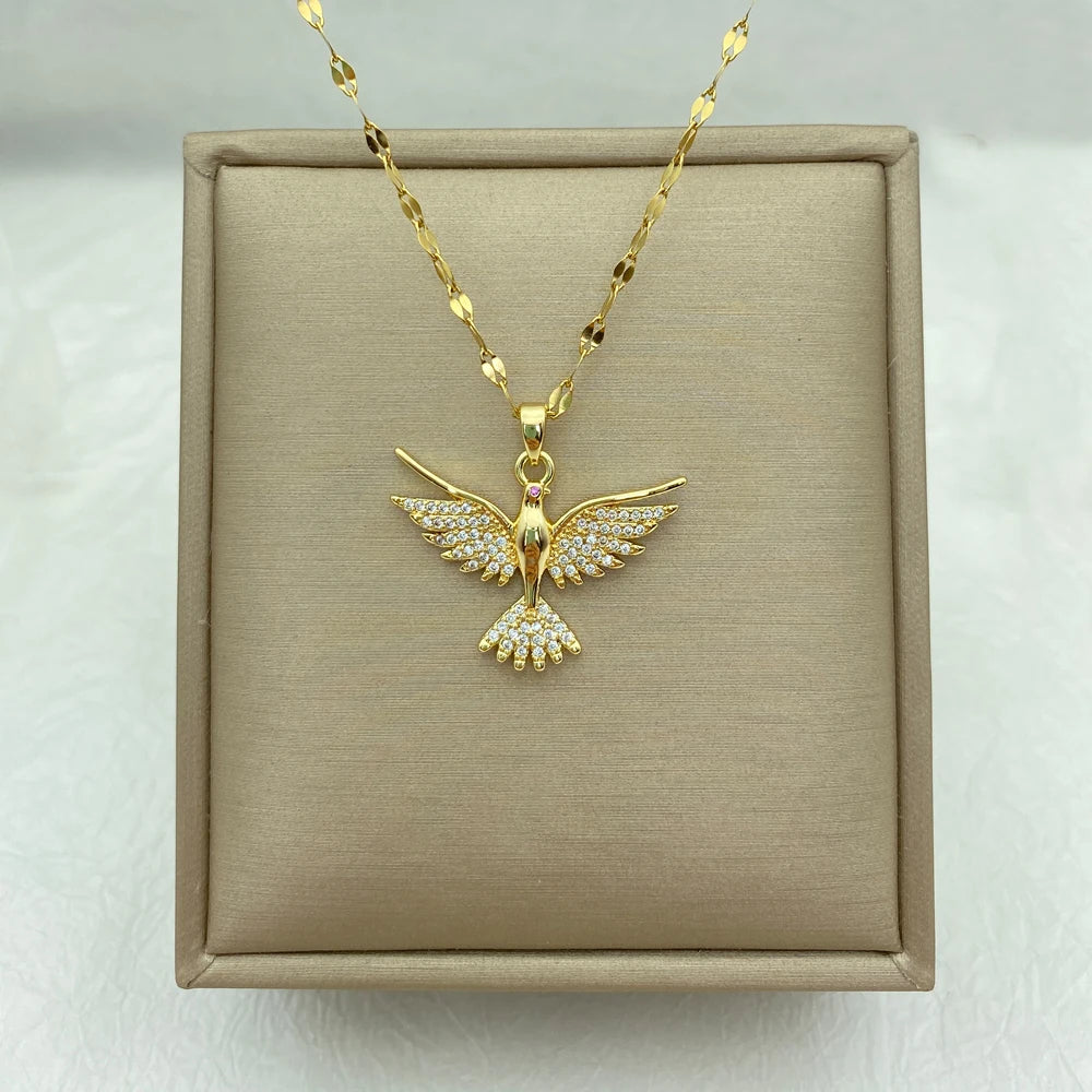 Gold Plated Eagle With Zircons Stainless Steel Necklaces For Women Gifts Fashion Jewerly Accessories Cute Bird Necklace New In
