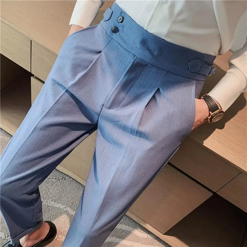 British Style Men High Waist Casual Dress Pant Men Belt Design Slim Trousers Formal Office Social Wedding Party Dress Suit Pants