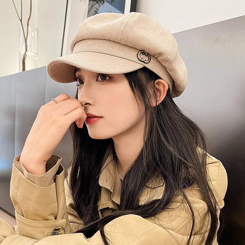 New Fashion Ladies Autumn Winter Warm Octagonal Cap Woolen Beret Hat For Women Vintage Artist Painter Solid Color Newsboy Berets