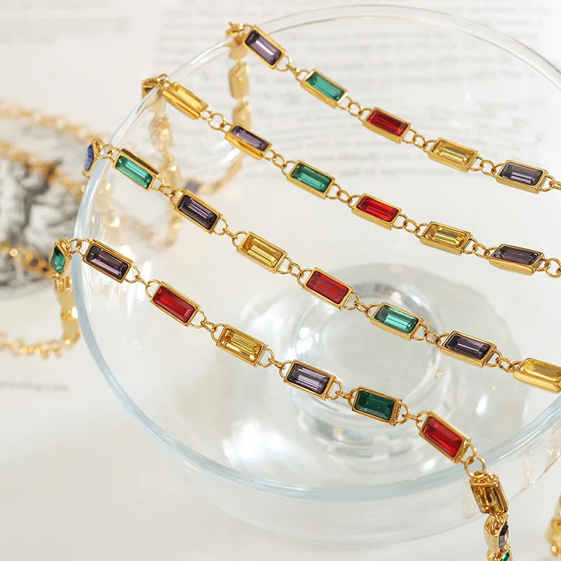 G&D Luxury Superior Sense Colorful Zircon Splicing Minority Mininmalist Retro Style Necklace/Bracelet Jewerly Set For Women