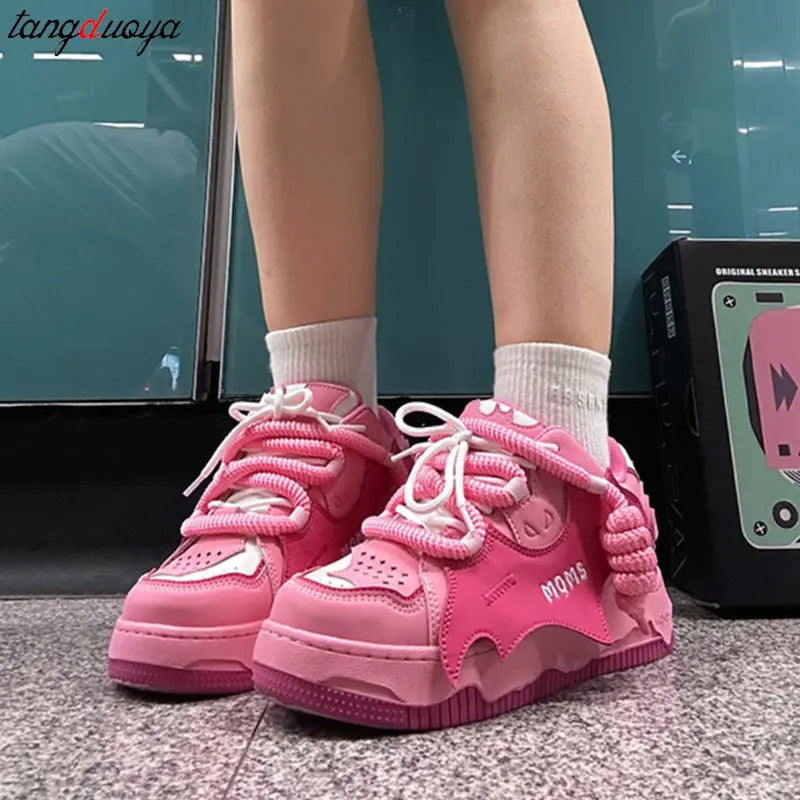 Y2K Korean Fashion Casual Kawaii Pink chunky shoes Platform Sports Sneaker Athletic Flat Board Shoe Tennis Shoes Sneakers Women