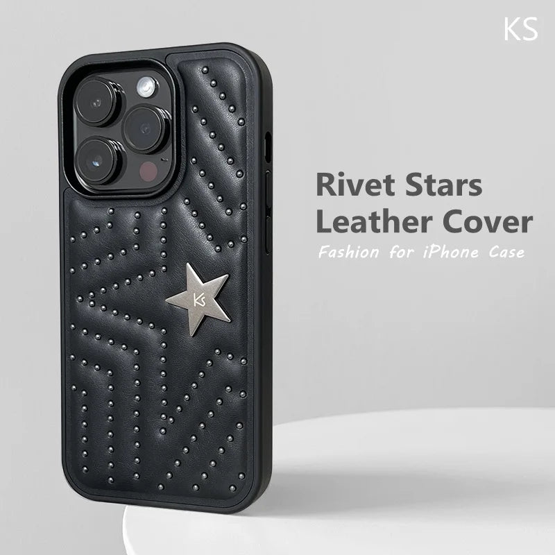 Luxury Rivet Stars Leather Case for iPhone 15 Pro Max Fashion Punk Shockproof Cover for iPhone 11 12 13 14 Pro Max Plus