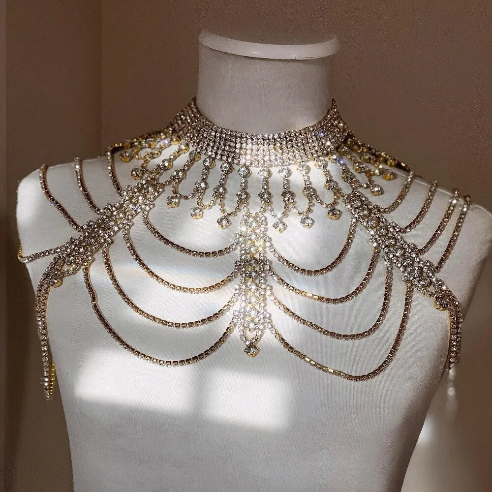 NSY Luxury Rhinestone Crystal Bridal Shoulder Necklace Rhinestones Women Pageant  Wedding Shoulder Jewelry Chain Necklace