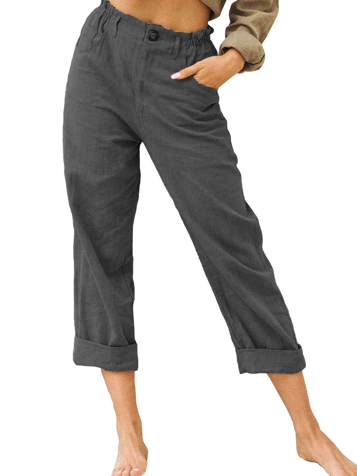 Patchwork Pant Women's Cotton Linen Pants Drawstring Back Elastic Waist Pants Loose Casual Trousers