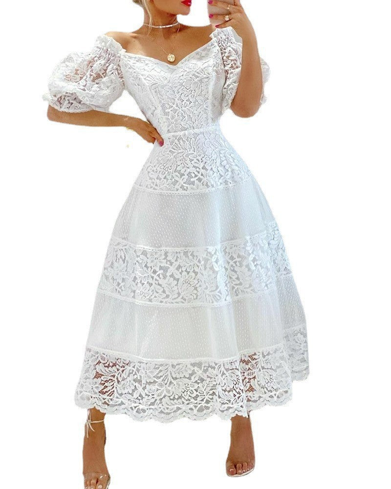 V Neck Lace Stitching Large Hem Long Skirt Puff Sleeve Temperament Dress